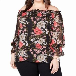 INC Black & Pink Floral Off-The-Shoulder Pullover Blouse Plus Size 0X (12W)